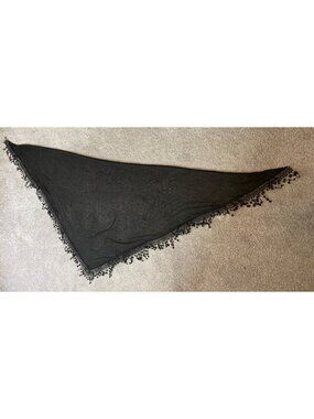 Black Sheer Triangle Scarf With Delicate Lace & Fringe Trim Boho Style 71x 27